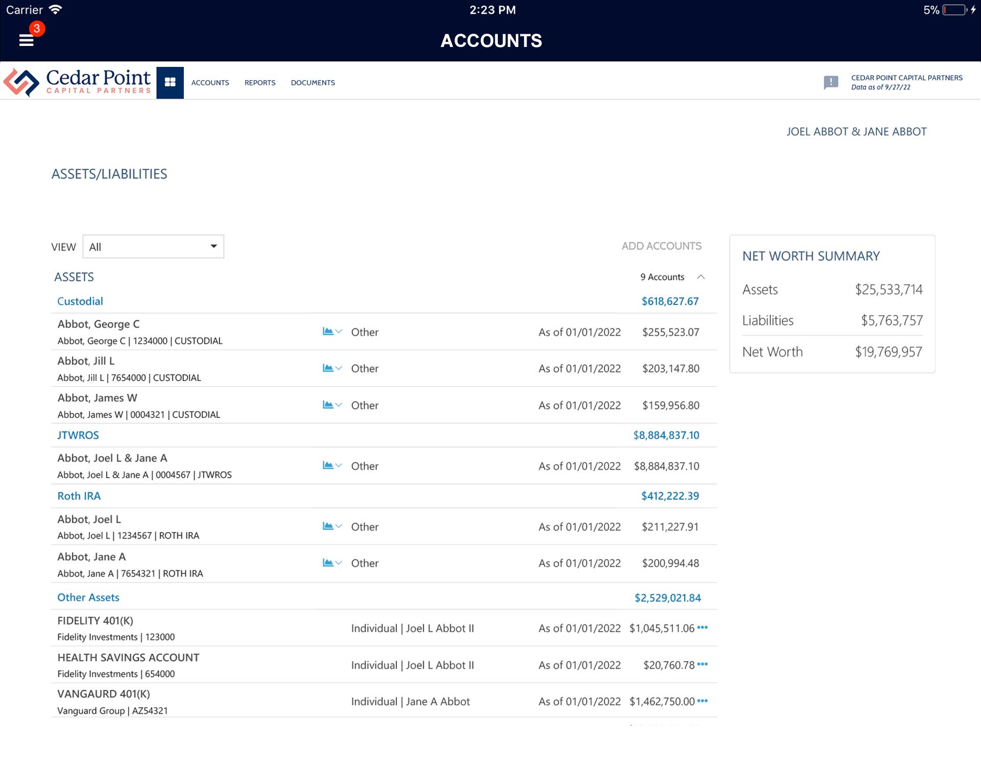 A detail of the Cedar Point Capital Partners Account screen