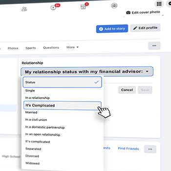 A Facebook relationship status box for a financial adviser showing 