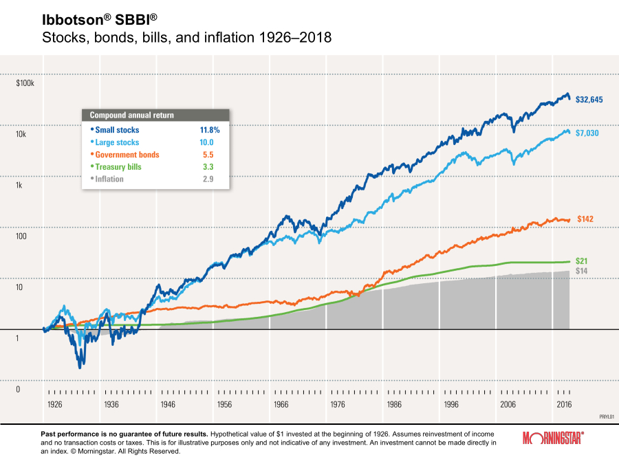 A chart showing the growth of a hypothetical dollar over the past century