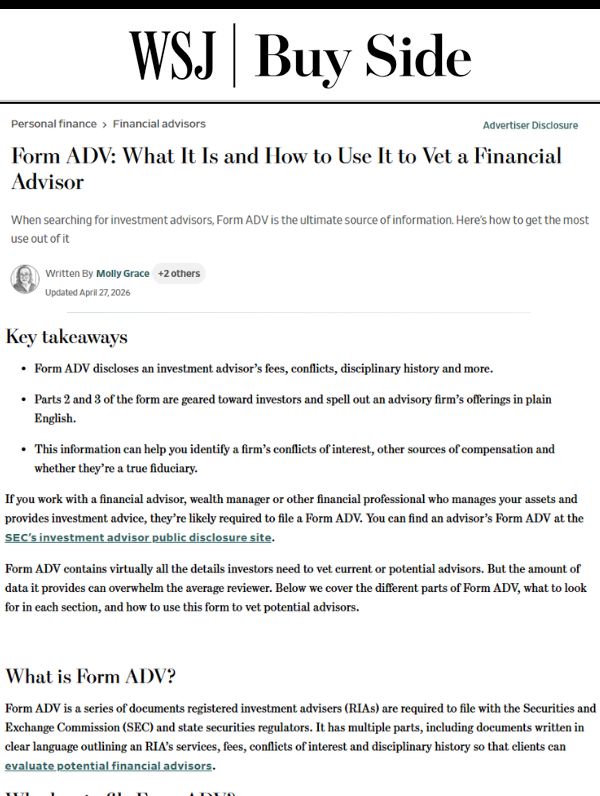 Cedar Point's Trent Von Ahsen quoted by Wall Street Journal about ADV forms