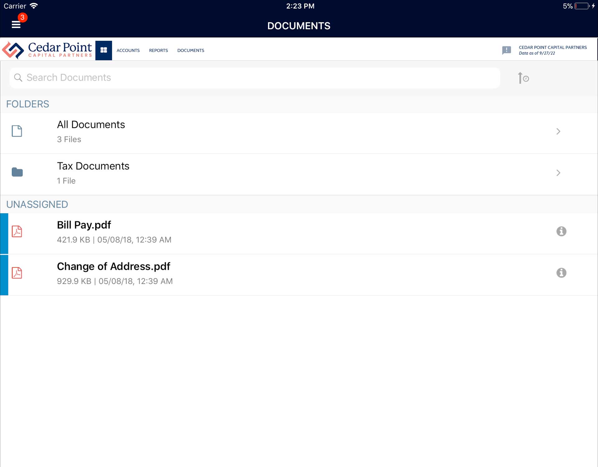 The Document Vault feature of the Cedar Point Capital Partners app