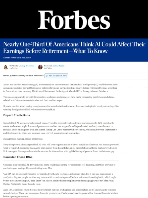 Cedar Point Capital Partners interviewed about AI and retirement by Forbes