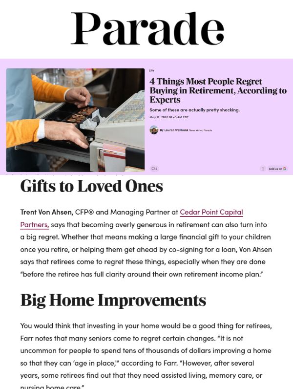 Trent Von Ahsen quoted in article about 4 things most people regret buying in retirement
