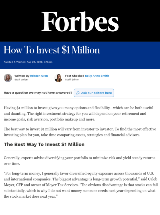 A Forbes article on how to invest $1 million quoting Cedar Point Capital Partners